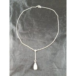 Vintage Womens Silver Tone 16" Necklace Clear Stone Teardrop Pendant Ring Latch